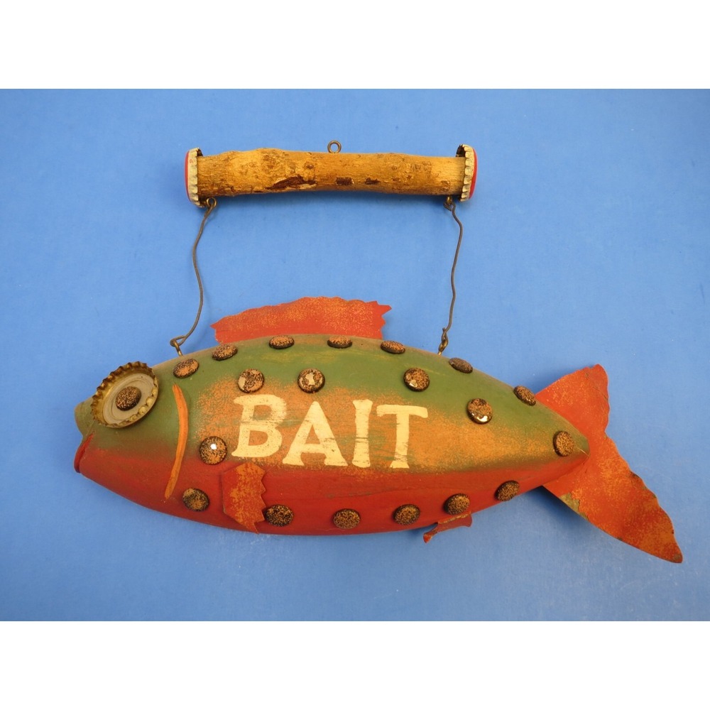 Vintage Hanging Wood Fish Bait Sign Beer Bottle Cap Folk Art